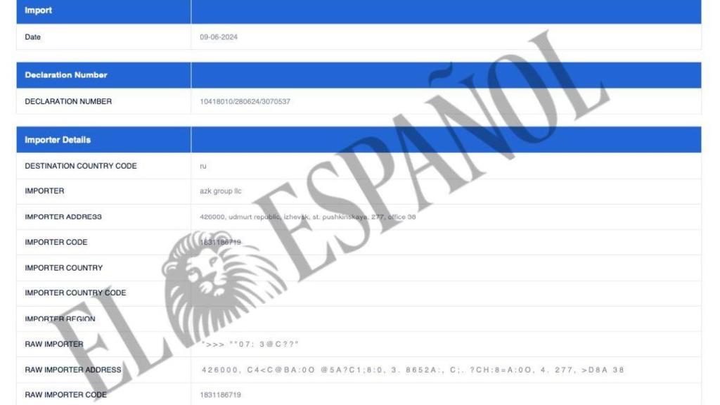 Documento de aduanas que certifica la entrada de una prensa de forja dirigida a AZK Group.