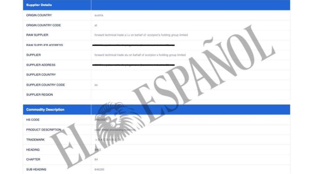 Documento donde aparecen la empresa española Forward Technical Trade (FTT) y la empresa de Hong Kong, Scorpion's Limited Group.