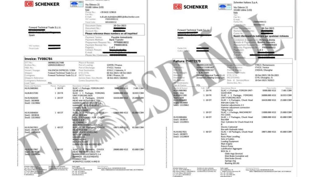 A la izquierda, documento que acredita que el pedido paró en Grecia y fue devuelto a Italia y, después, a Valencia; a la derecha, el envío desde el puerto de Venecia, en Italia, hasta el de El Pireo, en Grecia.