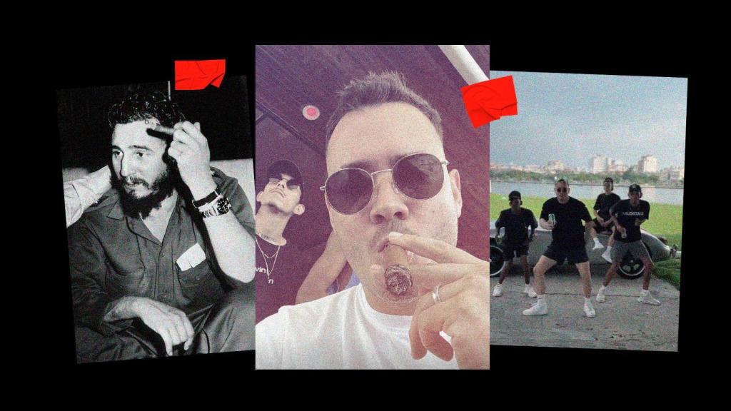 Fidel Castro, en la izquierda; y su nieto Sandro, en el centro y en la derecha, junto a un grupo haciendo un baile para TikTok.