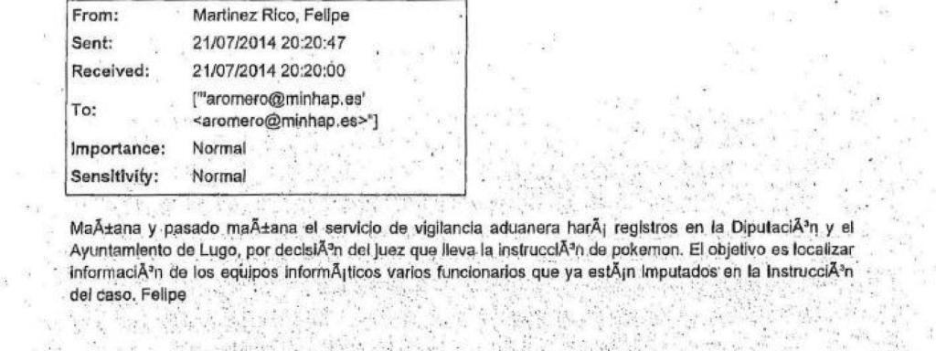 Correo electrónico dirigido a Montoro sobre un registro judicial./