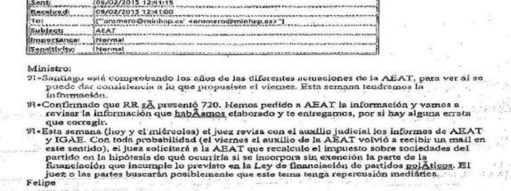 Correo sobre Rodrigo Rato y sobre el caso de la caja B del PP./