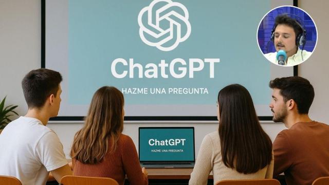 Montaje del periodista y experto en tecnología, Jorge Morla, en una imagen de unos alumnos utilizando ChatGPT.