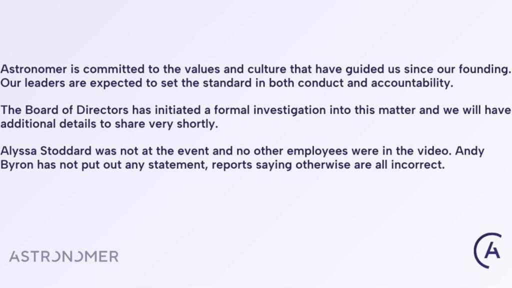 Comunicado enviado por Astronomer tras las polémicas imágenes de su CEO, Andy Byron, junto a la directora de Recursos Humanos de la empresa, Kristin Cabot.