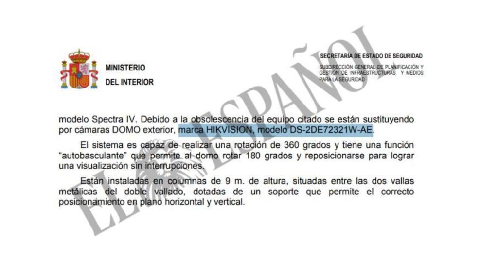 Dosier del pliego de contratación en el que se describe que las cámaras Hikvision son las utilizadas en el vallado fronterizo.
