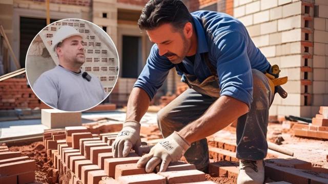 Imagen de un albañil y Damián.