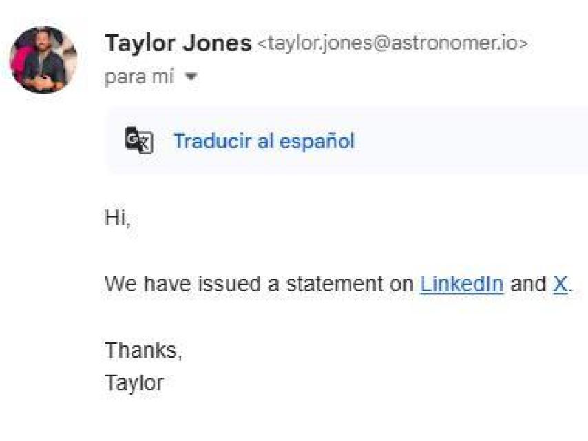 Mensaje de Astronomer a EL ESPAÑOL sobre el vídeo de Andy Byron.