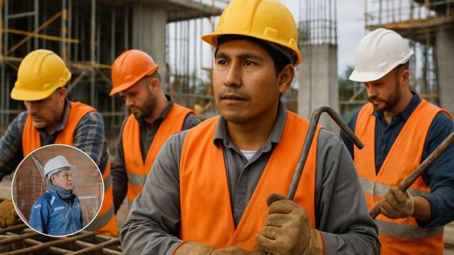 Imagen de Albino, un albañil de origen inmigrante, y varios trabajadores de la construcción.