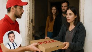 El abogado Miguel A. Mejías y la imagen de unos okupas recibiendo una pizza.