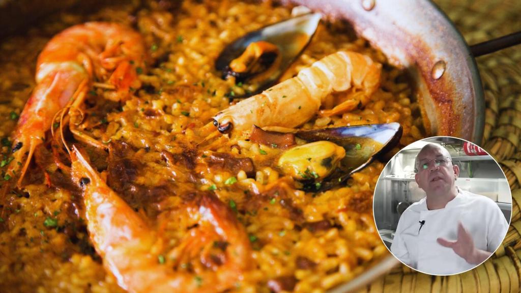 Una paella de marisco y el chef experto en arroces valencianos, Amadeo.