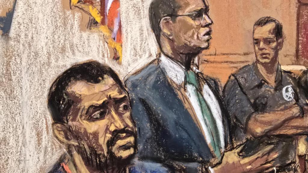 Fotografía de un dibujo realizado por la artista Jane Rosenberg donde aparece el abogado Alexei Schacht, hablando junto a su cliente, el narcotraficante ecuatoriano José Adolfo 'Fito' Macías.