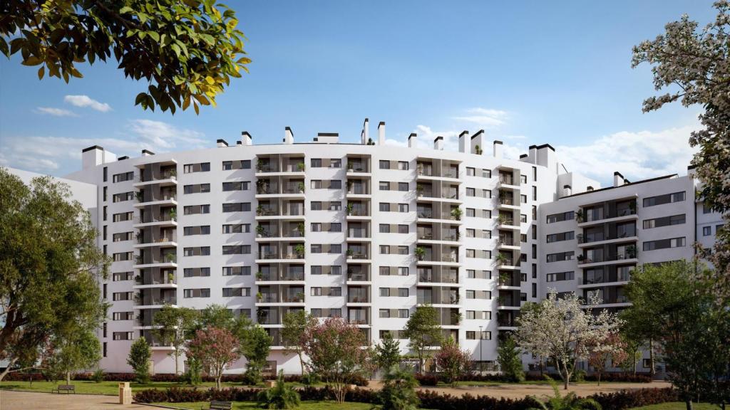 Fachada de la nueva promoción inmobiliaria, bautizada como Satia por AEDAS Homes, en la zona norte de Murcia.