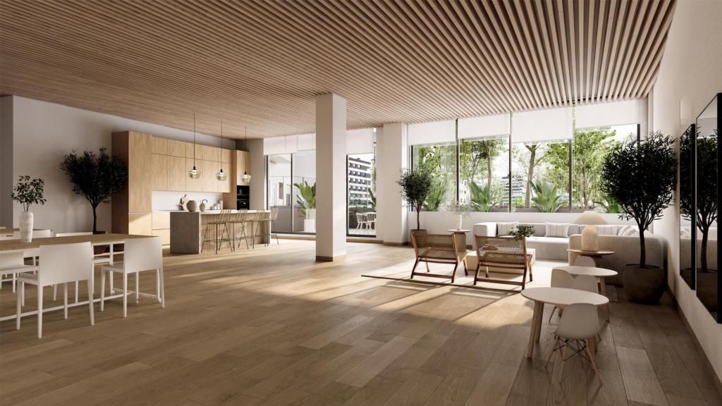 Una sala común de la nueva promoción inmobiliaria de AEDAS Homes en Murcia.