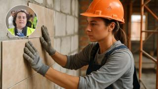 Imagen de una albañila generada por IA y Carolina.