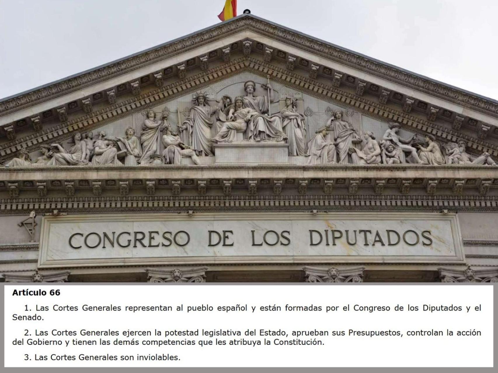 Fachada del Congreso de los Diputados junto al artículo 66 de la Constitución.
