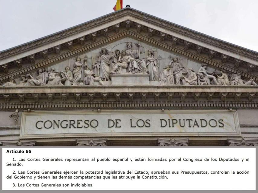 Fachada del Congreso de los Diputados junto al artículo 66 de la Constitución.