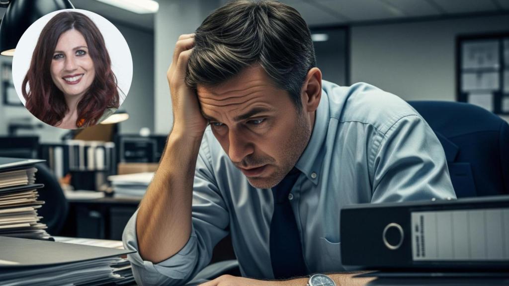 Montaje de Valeria Fiorenza con un trabajador estresado generado por IA.