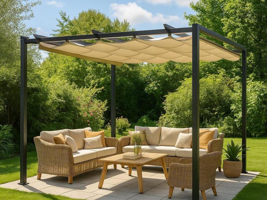 Una pérgola en un jardín.