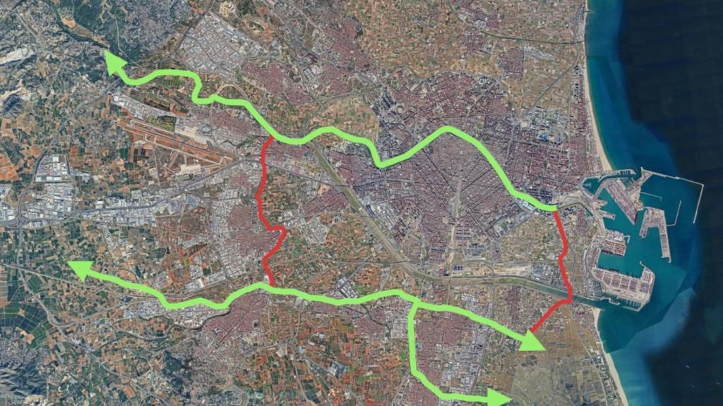 Los dos trazados del parque inundable en el río Turia y la cuenca del Poyo proyectado por la Generalitat. EE