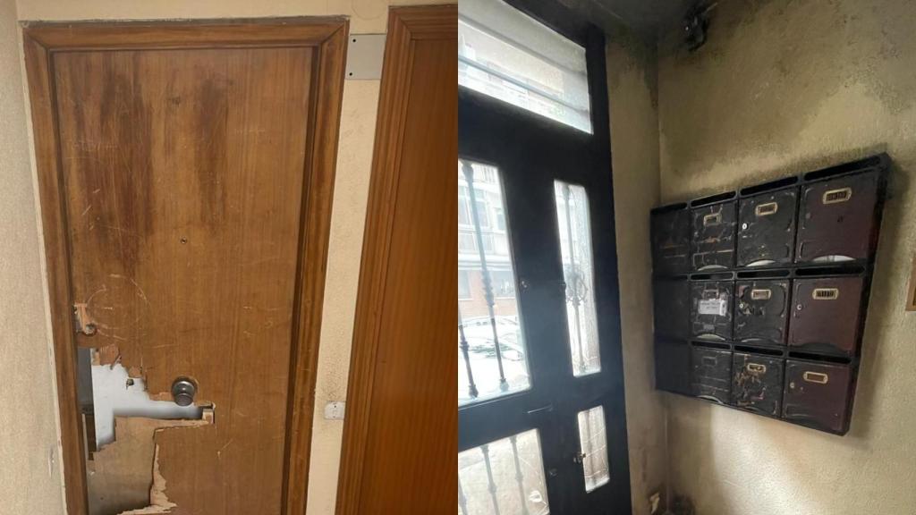 La puerta del narcopiso y los buzones quemados.
