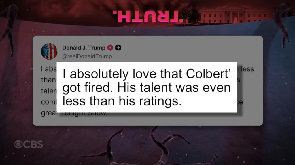 Mensaje de Donald Trump mostrado en 'The Late Night with Stephen Colbert'.