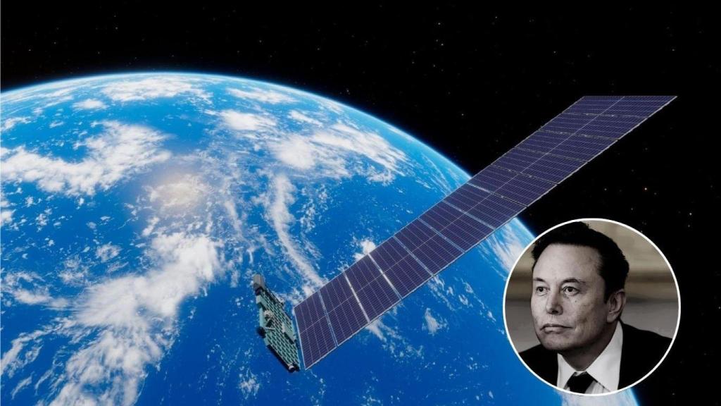 Fotomontaje de Elon Musk y un satélite de Starlink.
