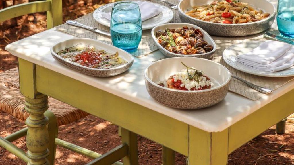 Jardín con una mesa elegante.