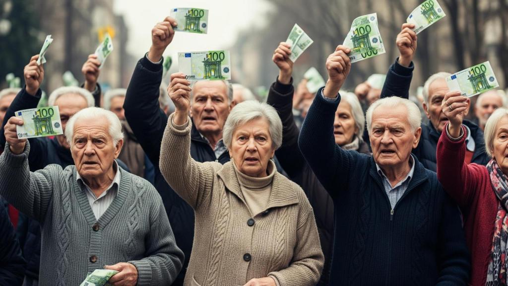 Imagen generada con IA de jubilados enfadados mostrando billetes de 100 euros.