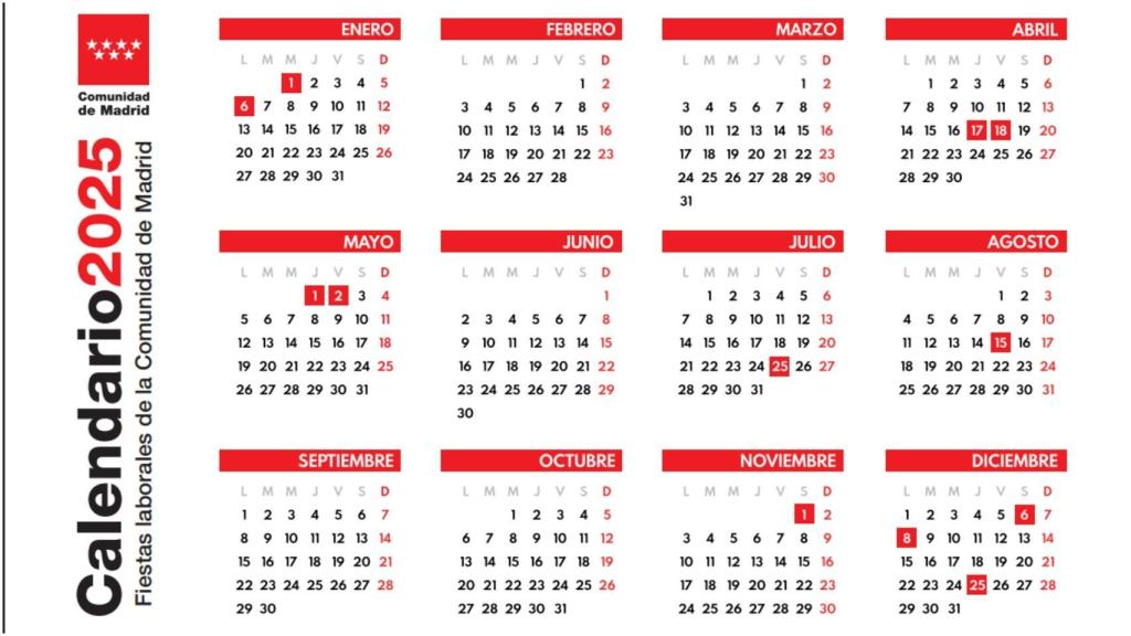 Imagen del calendario laboral de la Comunidad de Madrid para 2025.