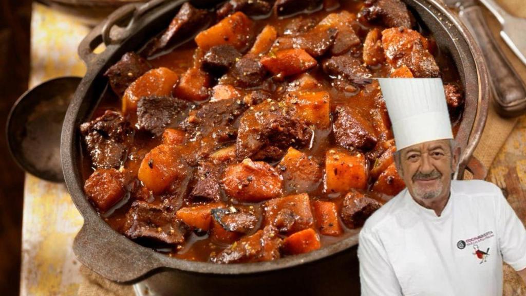Karlos Arguiñano con un guiso de carne al fondo.