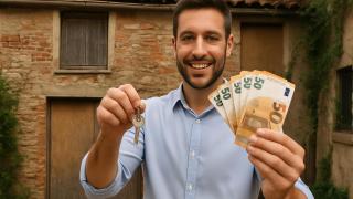 Un joven sostiene las llaves y varios billetes de 50 euros frente a una vivienda.