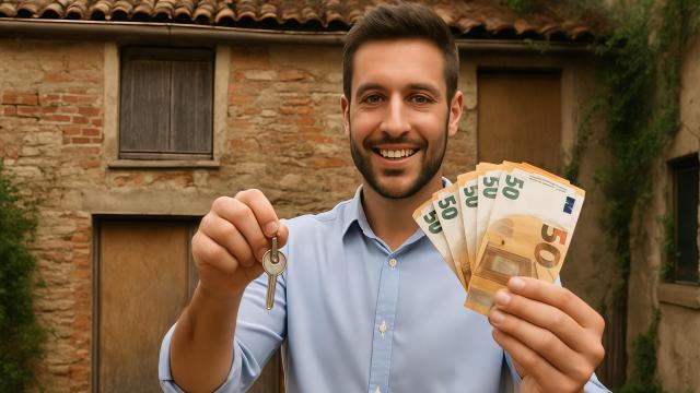 Un joven sostiene las llaves y varios billetes de 50 euros frente a una vivienda (IA).