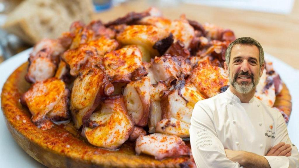 Pepe Solla, chef gallego, con un plato de pulpo al fondo.