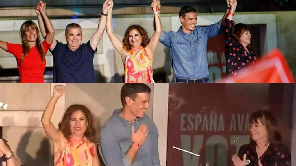 En la parte superior, la imagen de Ferraz la noche del 23-J con Begoña Gómez y Santos Cerdán. En la parte inferior, el vídeo difundido este miércoles por el PSOE.