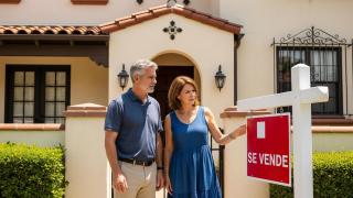 Imagen creada por IA de una pareja mirando un cartel de una vivienda en venta.