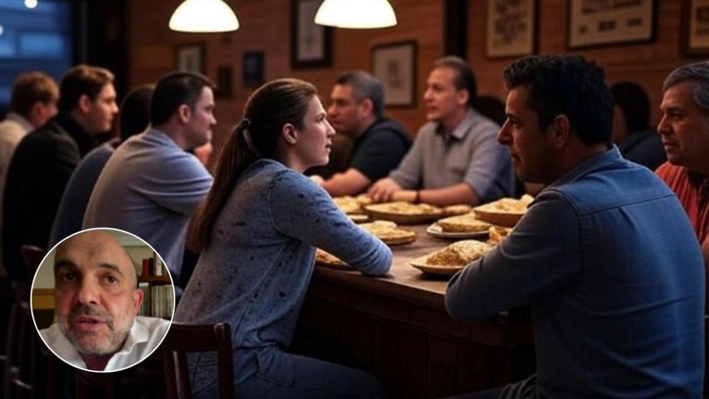 Imagen generada por IA de un restaurante y Fernando.