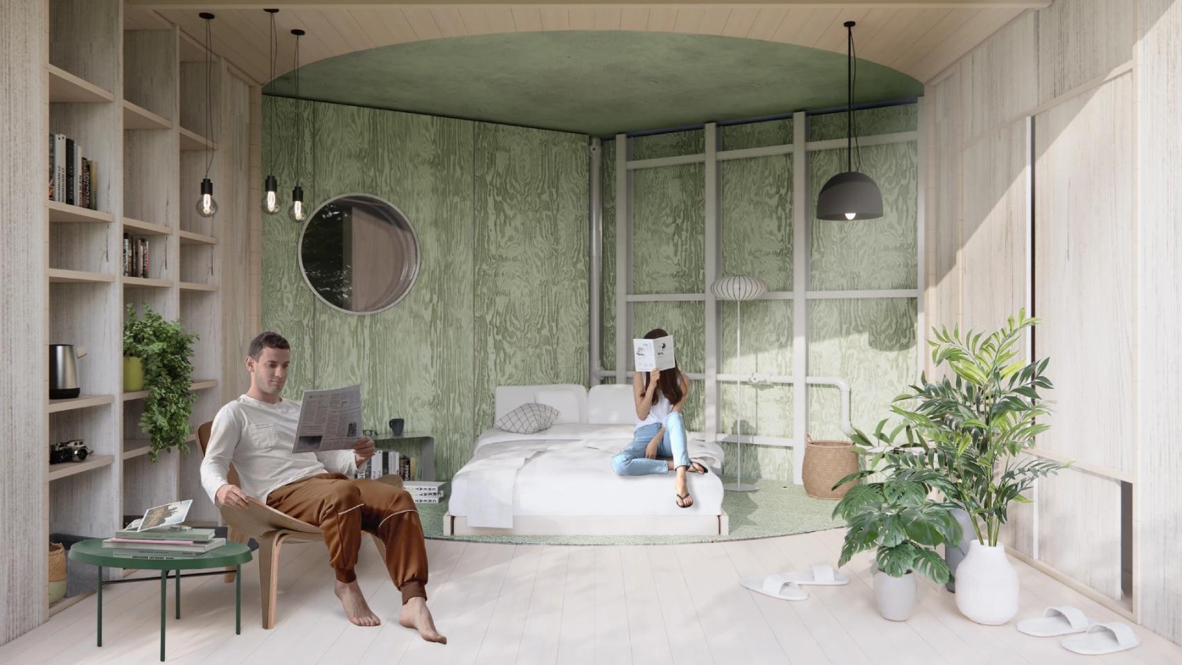 El interior de la minicasa giratoria Micro-House: 3 Scenes of Home.