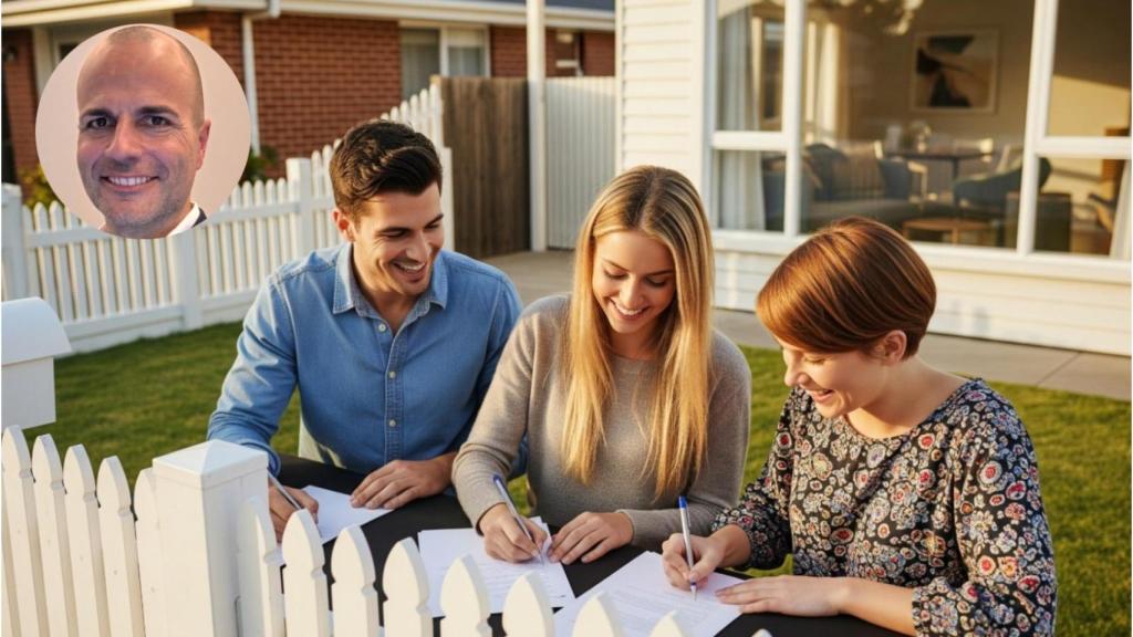 Montaje de Paco Martínez con unos jóvenes firmando una vivienda en una imagen creada con IA.