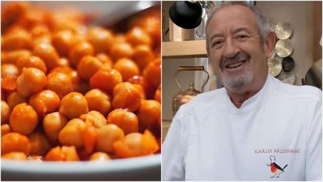 El chef Karlos Arguiñano, sonriente, junto a un plato de garbanzos recién preparados.