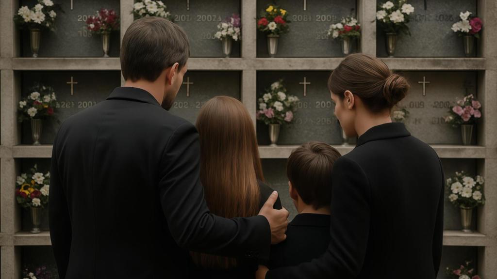Imagen generada con IA de una familia en un entierro.