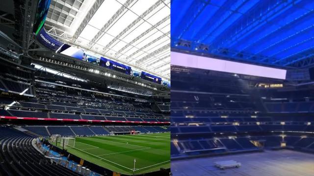 El interior del Santiago Bernabéu y una de las pruebas de iluminación del techo retráctil