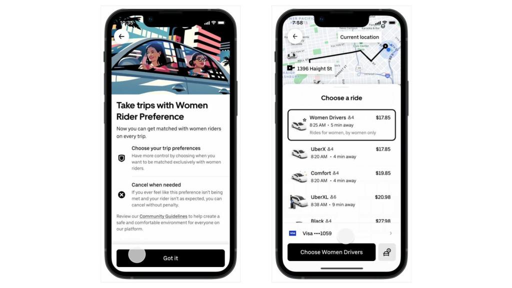Funciones de Uber con preferencias para mujeres.