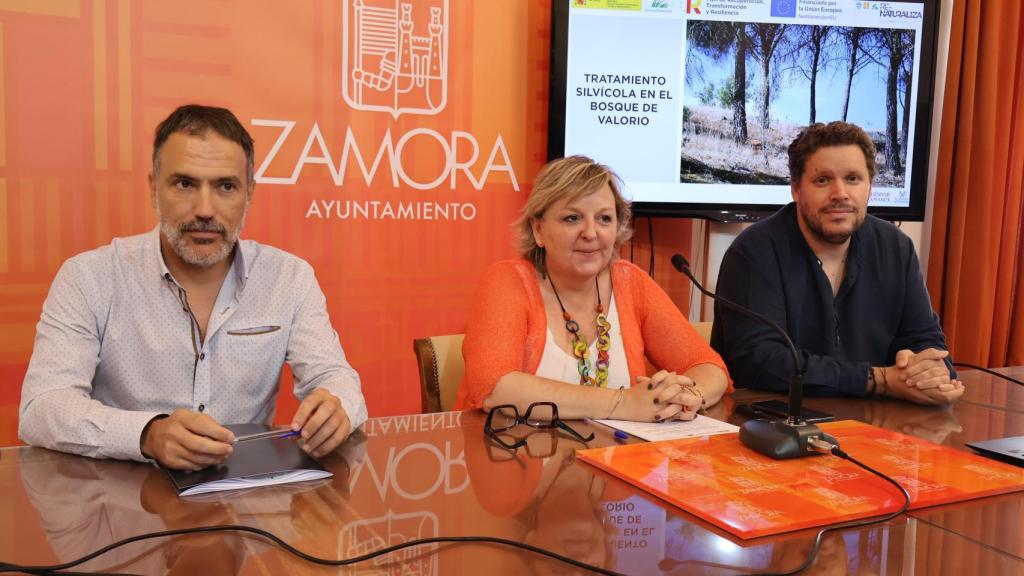 La concejala Ana Belén González, junto al investigador de la USAL Víctor Colino, y el ingeniero Asier Saiz, durante la presentación del tratamiento silvícola en el bosque de Valorio.