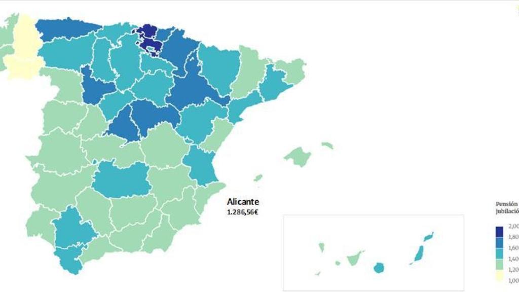 Mapa de coloretas de las pensiones promedio por provincia.
