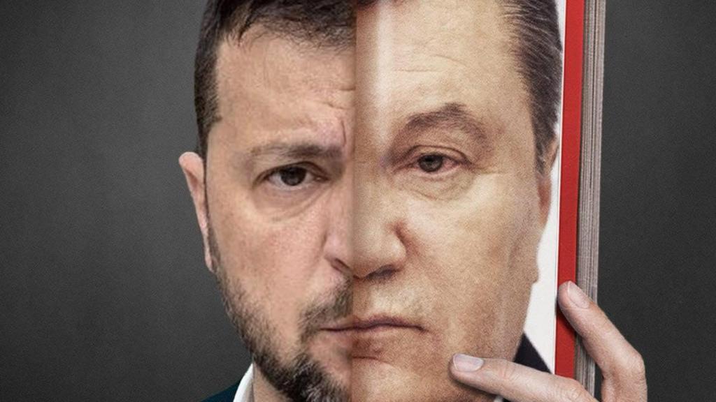 Volodímir Zelenski, comparado con el presidente fugado Víktor Yanukóvich en un cartel visto en las protestas.