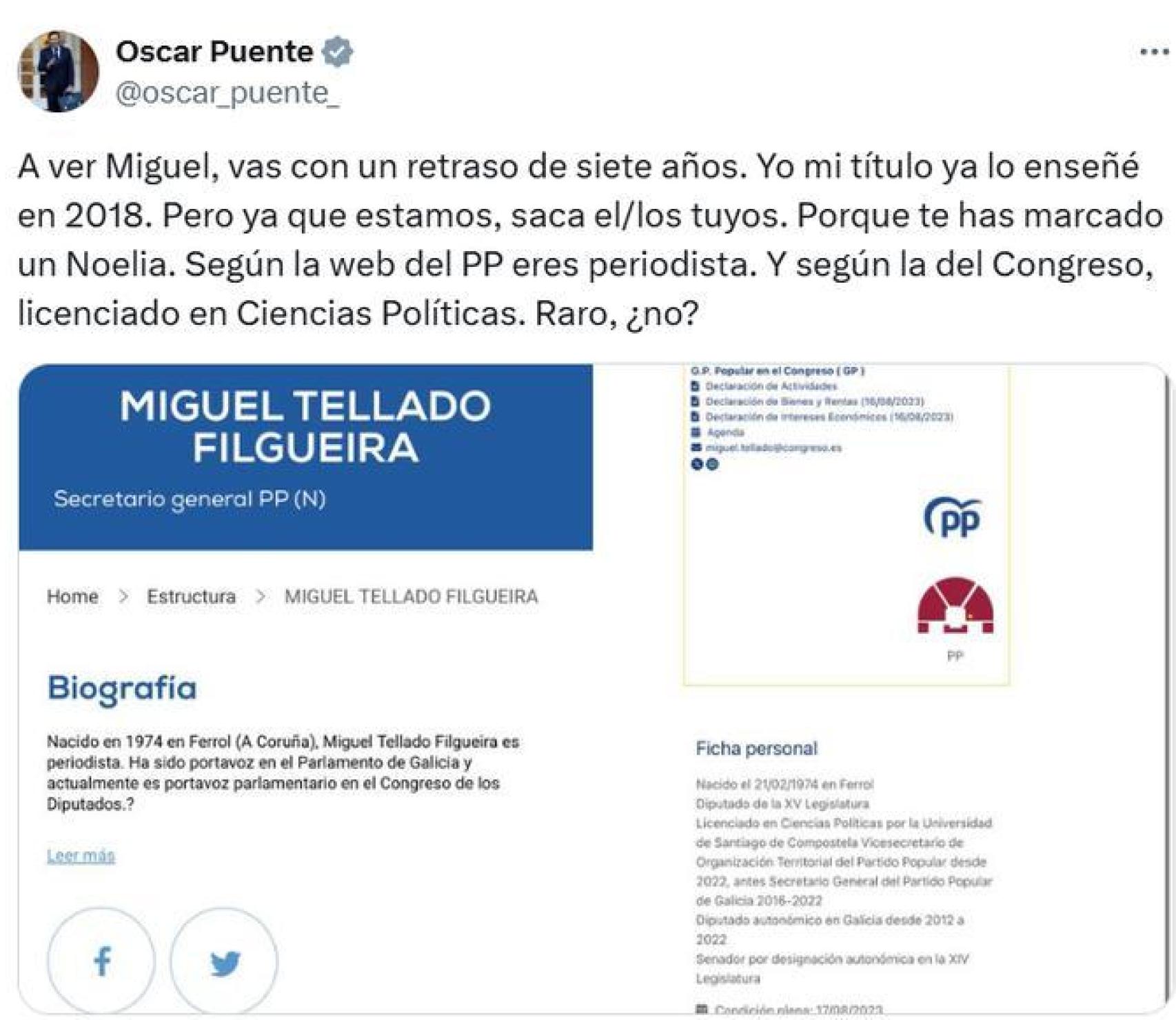 El ministro de Transportes, Óscar Puente, acusa de Miguel Tellado marcarse un Noelia en su currículum.