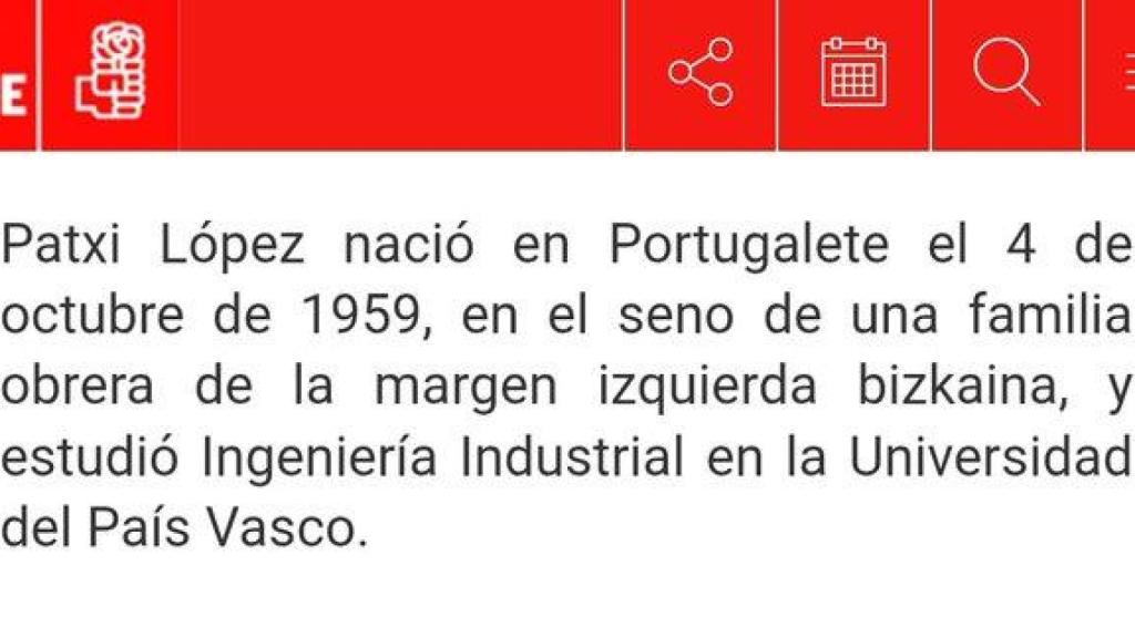 El currículum de Patxi López en la web del PSOE.