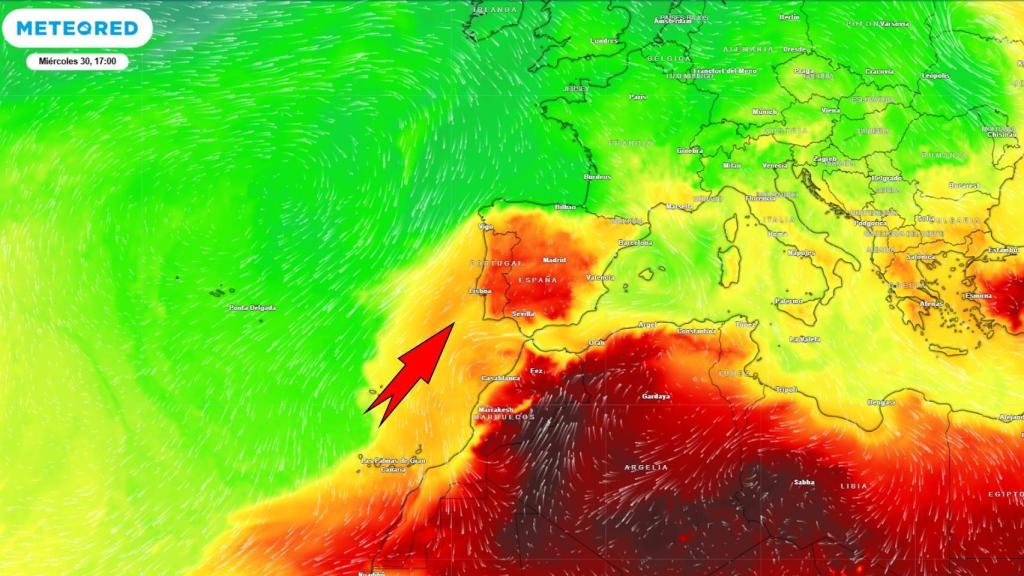 Las masas de aire cálido que afectarán a España hasta el noroeste, pero no alcanzará aún al noreste. Meteored.