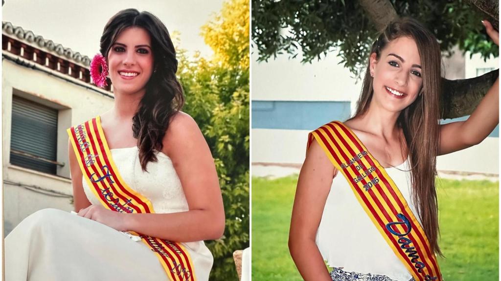 Las hermanas Cristina y Eva Martín cuando fueron damas de Villanueva de Gállego en 2013 y 2015.