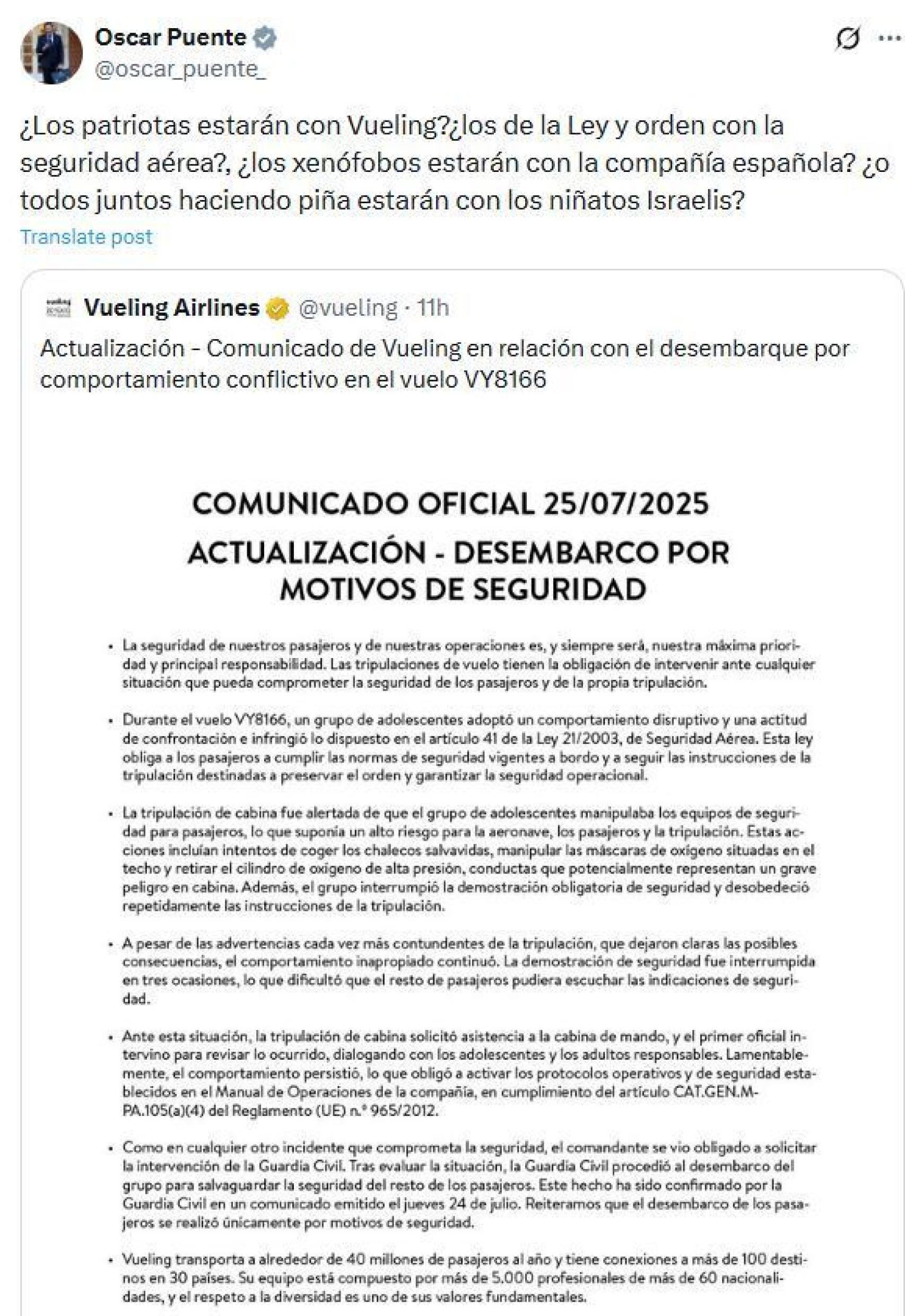 El tuit publicado el viernes por el ministro Óscar Puente.